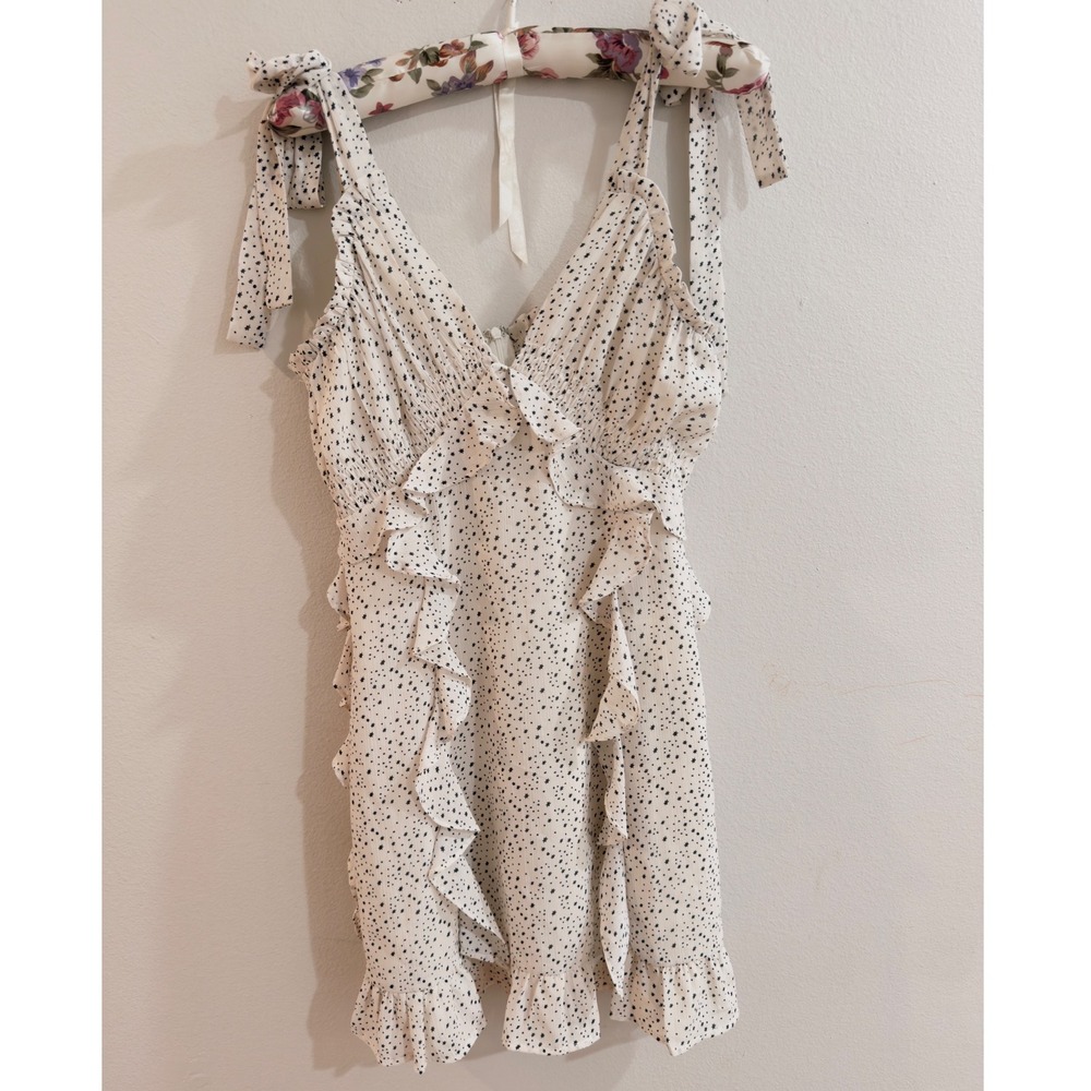 Storia Womens White Black Star Print Ruffle Tie Shoulder Mini Dress Small‎
